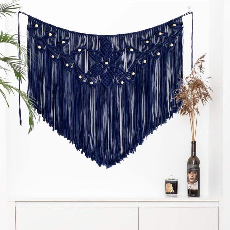 Youngeast Home Decor Leaf Shape Macrame Wall Hanging Woven Tapestry Bedroom Curtain Fringe Garland Banner Living Room Wall Decor Navy 39X31 inches - Image 1